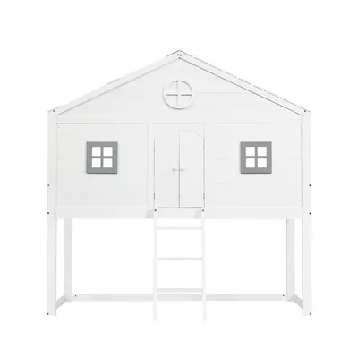 Produktbild von Hausbett mit Treppe Fallschutz und Gitter Hochbett Kinderbett Einzelbett 90x200cm Weiß+Grau