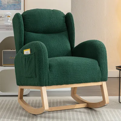 Produktbild von okwish Schaukelstuhl Ohrensessel Sessel mit Holzsockel, Schwingsessel Relaxstuhl mit Rückenlehne Wohnzimmer Polstersessel Schaukelsessel, Grün