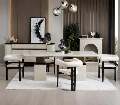 Image de Ensemble de salle à manger moderne en noyer et blanc, design élégant