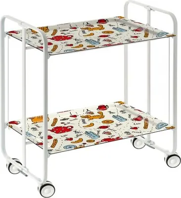 A two-tiered serving cart with a white metal frame and patterned trays.