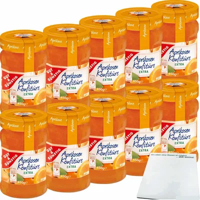 Produktbild von Gut & Günstig Aprikosen Konfitüre extra mit vollem Aprikosen-Aroma und 50% Frucht 10er Pack (10x450g Glas) + usy Block