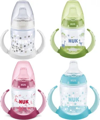 A collage of four different colored NUK sippy cups.