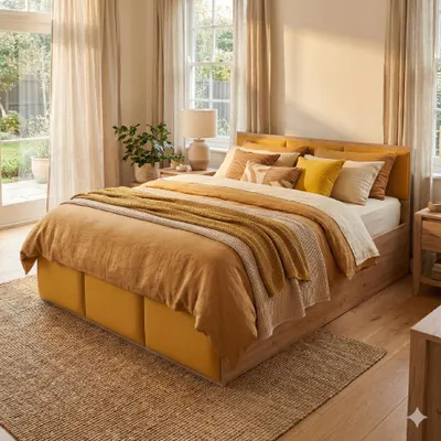 Produktbild von Komvortowy | Polsterbett 140x200 Cm | EICHE CRAFT GOLD | Doppelbett Mit Metall-Lattenrost & Gasdruckfeder | GELBE POLSTERPANEEL | Bettkasten Ohne Bodenplatte | Stauraumbett | Hochklappbar