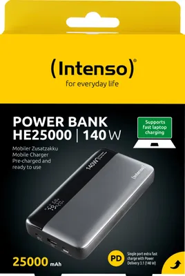 Produktbild von Intenso Akku-Powerbank „HE25000“ – 25.000 mAh, Grau-Schwarz, 140 W, 1× USB-A QC, 2× USB-C PD 3.1