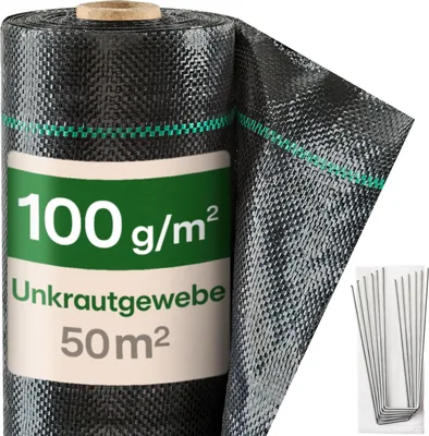 Immagine prodotto di Praknu 50 m² di tessuto anti-erbacce 100 g/m² con 24 picchetti - Permeabile all'acqua ed extra resistente agli strappi - Facile da posare - Tessuto a nastro resistente ai raggi UV - Ideale per pacciame e ghiaia