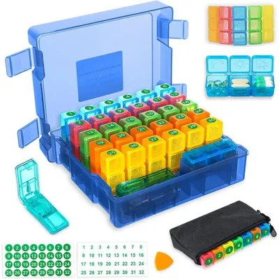 Image de Boîte à comprimés pour 31 jours, avec 3 compartiments et un séparateur de comprimés, de couleur bleue. Boîte de rangement pour pilules et vitamines