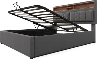 Image de OKWISH Lit coffre 160x200 cm - Lit double rembourré - Bois massif - Sans Matelas - Gris