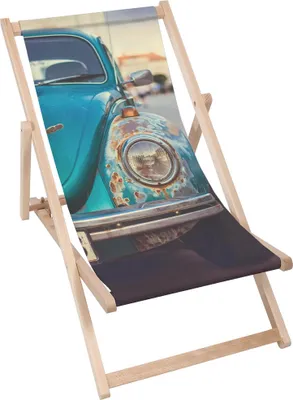 A close-up of a vintage blue car printed on a deck chair.