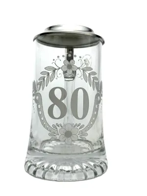 Produktbild von Glas-Bierkrug zum 80. Geburtstag mit Zinndeckel 0,4 l – Geschenk für Bierliebhaber