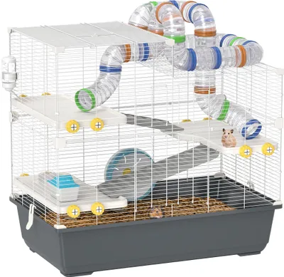Produktbild von PawHut Hamsterkäfig 4 Etagen Nagerkäfig  Kleintierkäfig mit Laufrad Futternapf Tunnel Hütte Obertür, Kleintierstall Käfig für Hamster Syrischer Hamster 78 x 45 x 73 cm, Grau