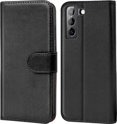 A black flip case for a smartphone is shown from the front and back.