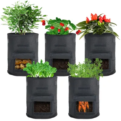 Produktbild von Atmungsaktive 10L Pflanzen-Wachstumssäcke aus Filz, 5er-Set, mit Tragegriffen und Sichtfenster, für Gemüse, Beeren und mehr, leicht und robust
