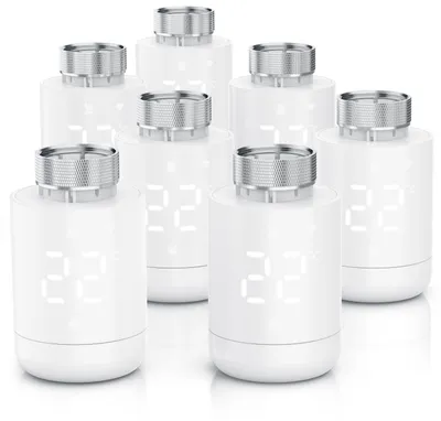 Produktbild von Brandson WLAN-Heizkörperthermostat 7er Set mit App-Steuerung, 7-Tage-Programm, LED-Display, Drehregler, Fenster-Offen-Erkennung, Frostschutz, Heizungsthermostat, 7 Stück, weiß