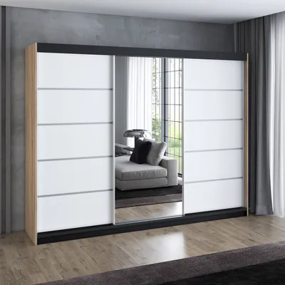 Produktbild von Schwebetürenschrank 200 cm, 3-türig, mit Spiegel & 4 Schubladen, Retro-Stil, modern, in Weiß/Schwarz/Sonoma – Kleiderschrank Velturo 3