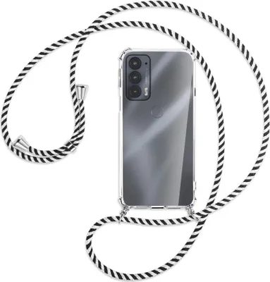 Produktbild von Handykette Backcover-Schutzhülle mit Band (Metall silberfarben) für Motorola Edge 20 - schwarz/weiß gestreift
