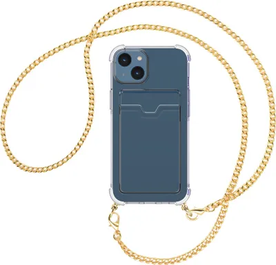 Produktbild von Handykette Backcover-Schutzhülle mit Band (Metall goldfarben) für Apple iPhone 15 - goldfarbene Kette