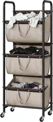 Produktbild von Wäschekorb Wäschekorb mit 3 Fächern, Wäschekorb auf Rollen, Organisation und Stauraum für Waschküche, Wäschewagen auf Rollen mit 3 Fächern