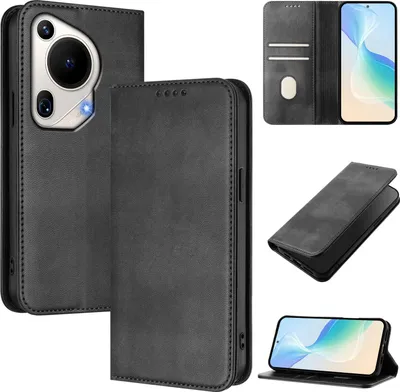 Image de Housse de téléphone portable pour Huawei Pura 70 Ultra, Vintage Cuir RFID Protection Porte-carte Stand Fonction magnétique Housse à rabat Noir