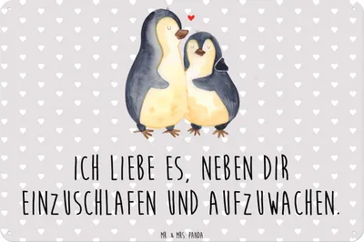Produktbild von Mr. & Mrs. Panda Wandbild Pinguine Einschlafen DIN A3 - Grau Pastell - Geschenk, Mitbringsel, für Frauen, Türschild, Schild, Freund, Freundin, Valentinstag, Jahrestag