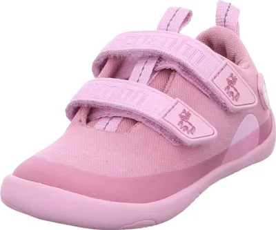 A pink child's shoe with two velcro straps and a unicorn logo on the side.