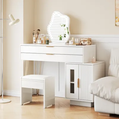 Immagine prodotto di Tavolino da toilette AIORBER con specchio illuminato a LED, bianco Set di tavolini da toilette con design allungabile, tavolo per cosmetici L100/H78/D40 cm (senza sgabello)