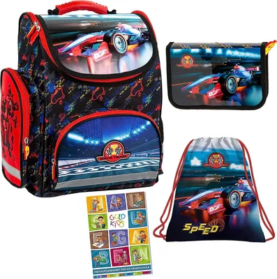 Produktbild von 4er Set Schulranzen Ranzen Tornister Federmappe Turnbeutel Turnsack Aufgabenheft für die Grundschule Race Team Auto Formel 1 Motiv