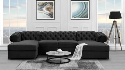 Image de Canapé d'angle en forme de U avec fonction de couchage et repose-pieds Chester Canapé en forme de U dans le style Chesterfield, tissu : kronos 07 - black, boutons : zirconia