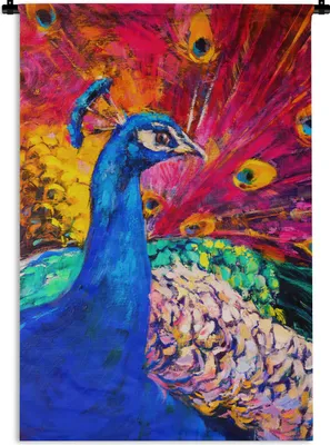 Produktbild von MuchoWow® Wandteppich Wandbehang Gemälde - Vogel - Pfau - Ölgemälde 90x135 cm Tapisserie Dekoration Wandtuch - Baumwolle - Wandskulptur