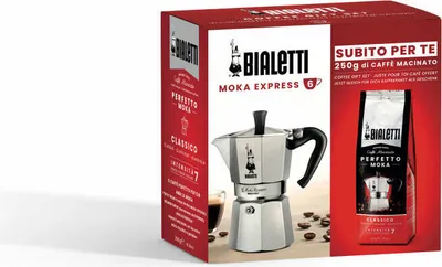 Produktbild von Bialetti Espressokocher Moka Express, für 6 Tassen, inkl. Perfetto Moka Classico 250 g, Espresso Kocher, Aluminium, 3545