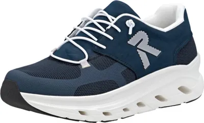 A single blue athletic shoe with white laces and a white sole is shown against a white background.