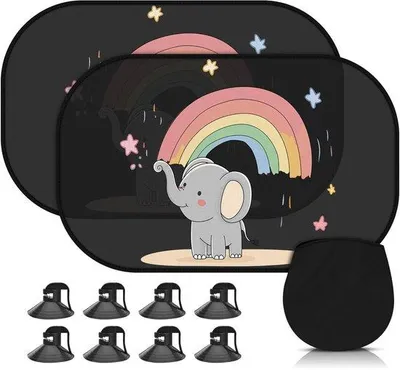 Image de Kit de protection solaire pour voiture Unyqoos® de 51 x 31 cm, idéal pour les vitres latérales – Protection UV et sécurité pour les enfants, tissu en nylon avec film PVC antistatique, 8 ventouses, pliable, motif éléphant