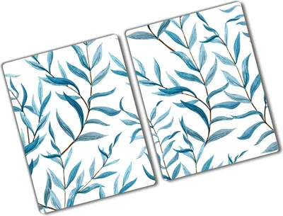Produktbild von Tulup Glas Herdabdeckplatte - 2x40x52 cm - Glaskeramikkochfeld-Abdeckung Spritzschutz Glasabdeckplatte Kochplattenabdeckung und Schneidebrett - Zweiteilig - Blumen & Pflanzen - Blätter - Blau