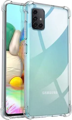 A clear protective phone case for a Samsung Galaxy A71.