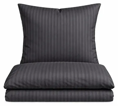 Productafbeelding van Bettlinnen van 100% katoensatijn - Gestreept beddengoed met verborgen rits, antracietkleurig, 155 x 220 cm + 80 x 80 cm