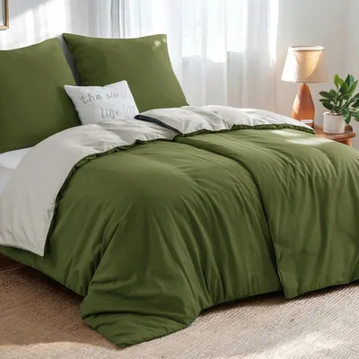 Produktbild von Bettwäsche-Set 135x200 cm 4-teilig Olivgrün Beige Mikrofaser Wendebettwäsche mit Reißverschluss