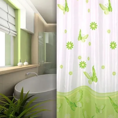 Zdjęcie produktu dla Tekstylna zasłona prysznicowa białe zielone motyle 240x180 cm z pierścieniami