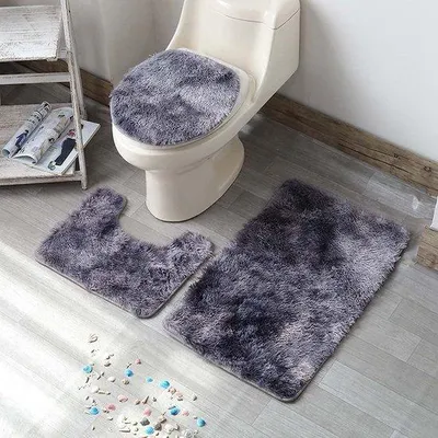 Produktbild von Unyqoos® 3-teiliges Badematten-Set – Antirutsch-Badmatte, U-förmige WC-Matte & WC-Deckelbezug, Grau, aus 100% ungiftigen Materialien