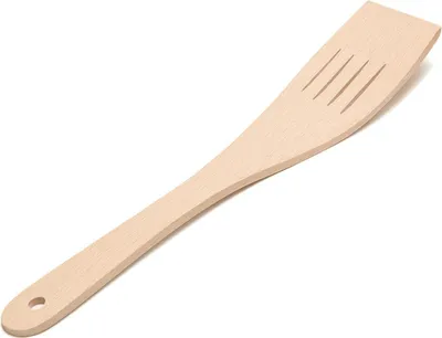 Produktbild von Durchbrochene Holzschaufel, gebogen, schmal, 29 cm | Bratwender aus Holz | Küchenspatel aus Holz | Küchenaccessoire aus Holz
