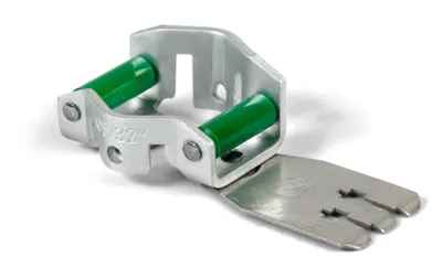 A metal tool with green rollers, isolated on a white background.