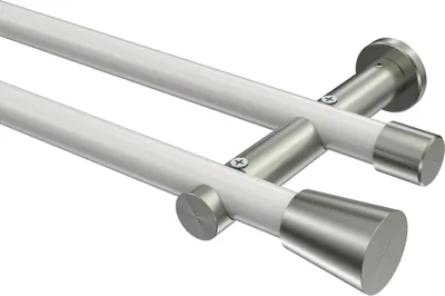 Produktbild von Interdeco Gardinenstange / Vorhangstange Weiß / Edelstahl-Optik, Typ Platon Sitra (Konus) ohne Ringe, 20 mm Ø 2-läufig, 120 cm