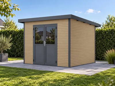 Produktbild von Linholm WPC Gartenhaus Linia 2828 inkl. Dachrinnen-Set, Natur-Beige/Anthrazit