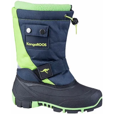 A single navy and green winter boot for children.