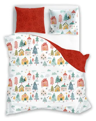 Produktbild von Bettwäschegarnitur Reißverschluss Winter Weihnachtsmotive Wendebettwäsche 140 x 200 cm + 70 x 90 cm - Weihnachtsdorf