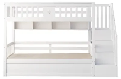 Productafbeelding van Hoogslaper voor tieners - Etageslaapbank van hout - 90 x 200 cm - Hydraulische opbergruimte onder het bed - Trap - Planken - Wit