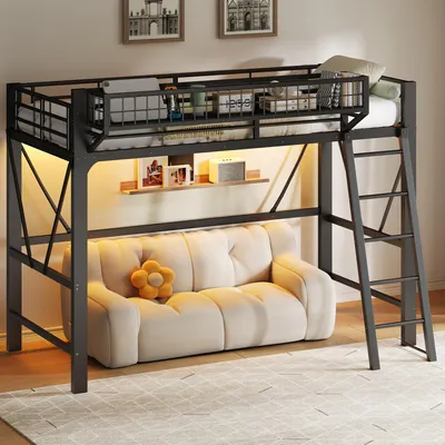 Produktbild von Hochbett 90x200cm mit Aufbewahrungskorb, Metall-Kinderhochbett mit LED-Beleuchtung Schwarz