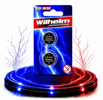Produktbild von 2 x CR1632 WILHELM Blister Lithium Knopfzelle 3V 140 mAh ø16 x 3,2 mm Batterie DL1632, KI-generiertes Bild