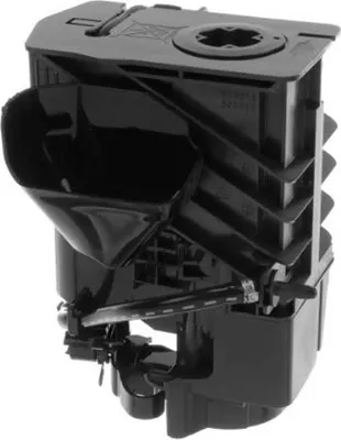 A black plastic coffee machine brewing unit is shown against a white background.