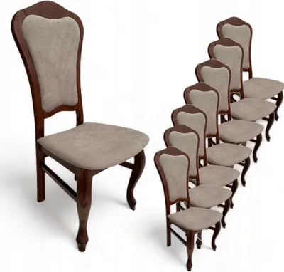 A row of dining chairs arranged diagonally.