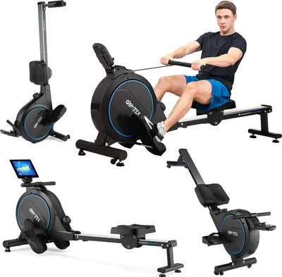 A collage of images showing a rowing machine from different angles, including one with a person using it and another with a tablet screen.