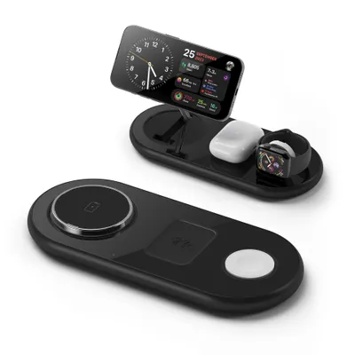 Produktbild von Faltbarer 3-in-1 Wireless Charger – Metall Handyhalter mit Kabellosem Laden.